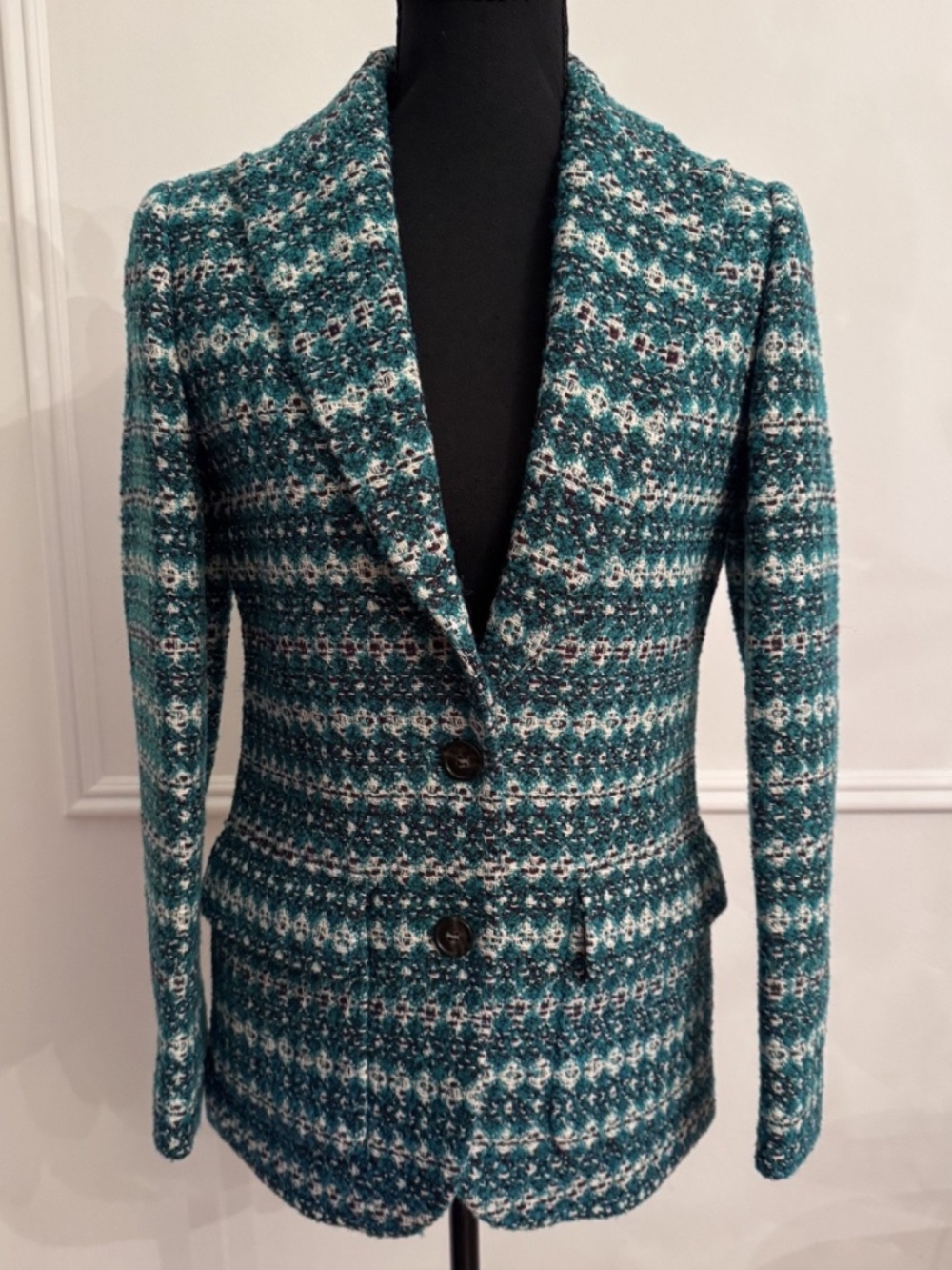 J.Crew Nalya Italian Jacquard Blazer 00 Green Tweed Boyfriend Peak Lapel NWT